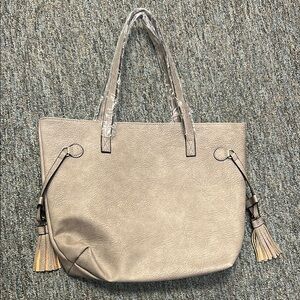 Gray Shoulder Bag with Tassels and Metal Accents